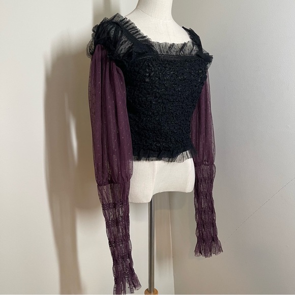 Free People Women’s Plum/Black - SZ L - Smocked Sheer Long Puff Sleeve Top - Picture 10 of 16